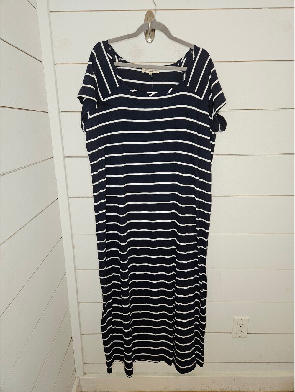 NWT Jones New York Sport 2X navy blue & white stripe tee shirt maxi dress
